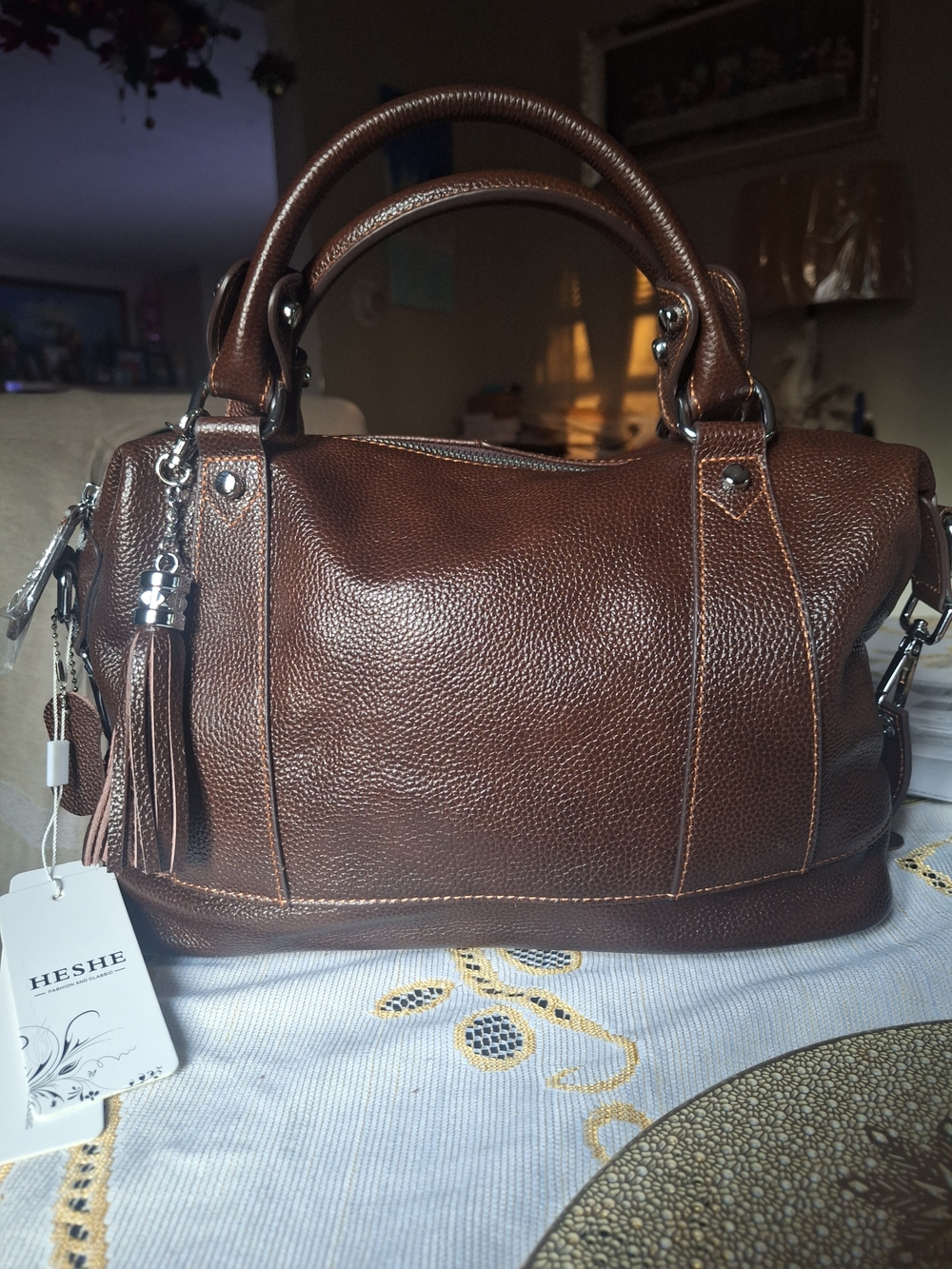 Heshe Genuine Leather Brown Unisex Handbag With Top Straps Also Detachable Strap - Picture 2 of 16